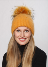 Hat, Angora Wool Blend Ribbed Knit Hat with Genuine Fur Pom, Multiple Colors - Style HA62