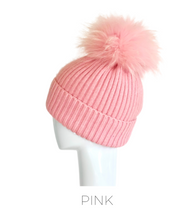 Hat, Angora Wool Blend Ribbed Knit Hat with Genuine Fur Pom, Multiple Colors - Style HA62