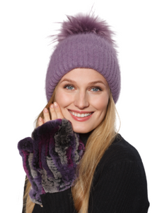 Hat, Angora Wool Blend Ribbed Knit Hat with Genuine Fur Pom, Multiple Colors - Style HA62