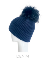 Hat, Angora Wool Blend Ribbed Knit Hat with Genuine Fur Pom, Multiple Colors - Style HA62