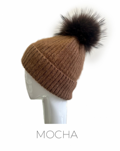 Hat, Angora Wool Blend Ribbed Knit Hat with Genuine Fur Pom, Multiple Colors - Style HA62