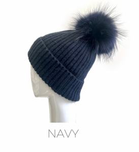 Hat, Angora Wool Blend Ribbed Knit Hat with Genuine Fur Pom, Multiple Colors - Style HA62