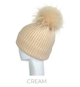 Hat, Angora Wool Blend Ribbed Knit Hat with Genuine Fur Pom, Multiple Colors - Style HA62