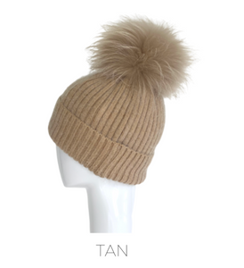 Hat, Angora Wool Blend Ribbed Knit Hat with Genuine Fur Pom, Multiple Colors - Style HA62