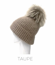 Hat, Angora Wool Blend Ribbed Knit Hat with Genuine Fur Pom, Multiple Colors - Style HA62