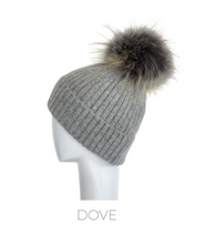 Hat, Angora Wool Blend Ribbed Knit Hat with Genuine Fur Pom, Multiple Colors - Style HA62