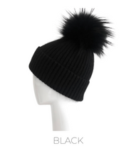 Hat, Angora Wool Blend Ribbed Knit Hat with Genuine Fur Pom, Multiple Colors - Style HA62