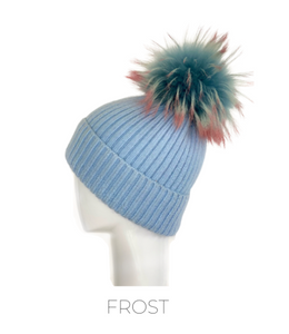 Hat, Angora Wool Blend Ribbed Knit Hat with Genuine Fur Pom, Multiple Colors - Style HA62