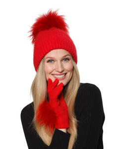 Hat, Angora Wool Blend Ribbed Knit Hat with Genuine Fur Pom, Multiple Colors - Style HA62