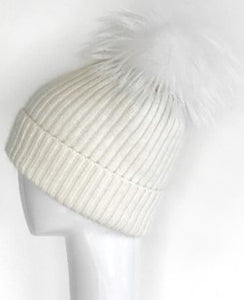 Hat, Angora Wool Blend Ribbed Knit Hat with Genuine Fur Pom, Multiple Colors - Style HA62