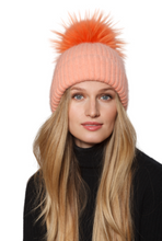 Hat, Angora Wool Blend Ribbed Knit Hat with Genuine Fur Pom, Multiple Colors - Style HA62