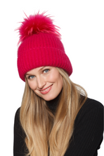 Hat, Angora Wool Blend Ribbed Knit Hat with Genuine Fur Pom, Multiple Colors - Style HA62