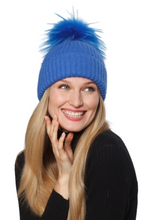 Hat, Angora Wool Blend Ribbed Knit Hat with Genuine Fur Pom, Multiple Colors - Style HA62