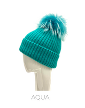 Hat, Angora Wool Blend Ribbed Knit Hat with Genuine Fur Pom, Multiple Colors - Style HA62