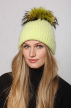 Hat, Angora Wool Blend Ribbed Knit Hat with Genuine Fur Pom, Multiple Colors - Style HA62