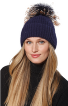 Hat, Angora Wool Blend Ribbed Knit Hat with Genuine Fur Pom, Multiple Colors - Style HA62