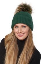 Hat, Angora Wool Blend Ribbed Knit Hat with Genuine Fur Pom, Multiple Colors - Style HA62