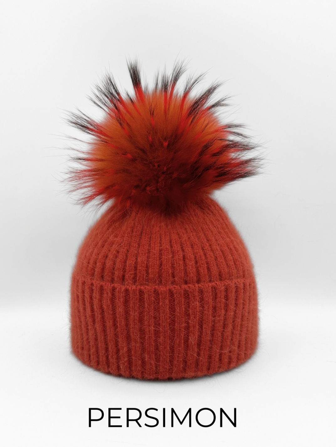 Hat, Angora Wool Blend Ribbed Knit Hat with Genuine Fur Pom, Multiple Colors - Linda Richards - Style HA62