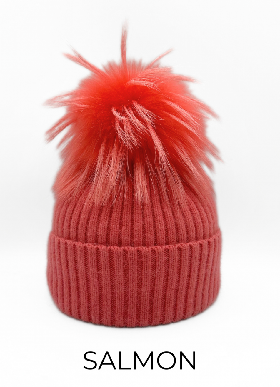Hat, Angora Wool Blend Ribbed Knit Hat with Genuine Fur Pom, Multiple Colors - Linda Richards - Style HA62