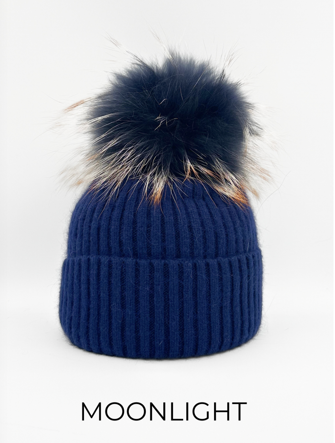 Hat, Angora Wool Blend Ribbed Knit Hat with Genuine Fur Pom, Multiple Colors - Linda Richards - Style HA62