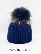Hat, Angora Wool Blend Ribbed Knit Hat with Genuine Fur Pom, Multiple Colors - Linda Richards - Style HA62