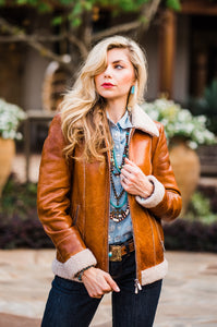 Jacket, Cognac Leather with Faux Shearling - Style L1118
