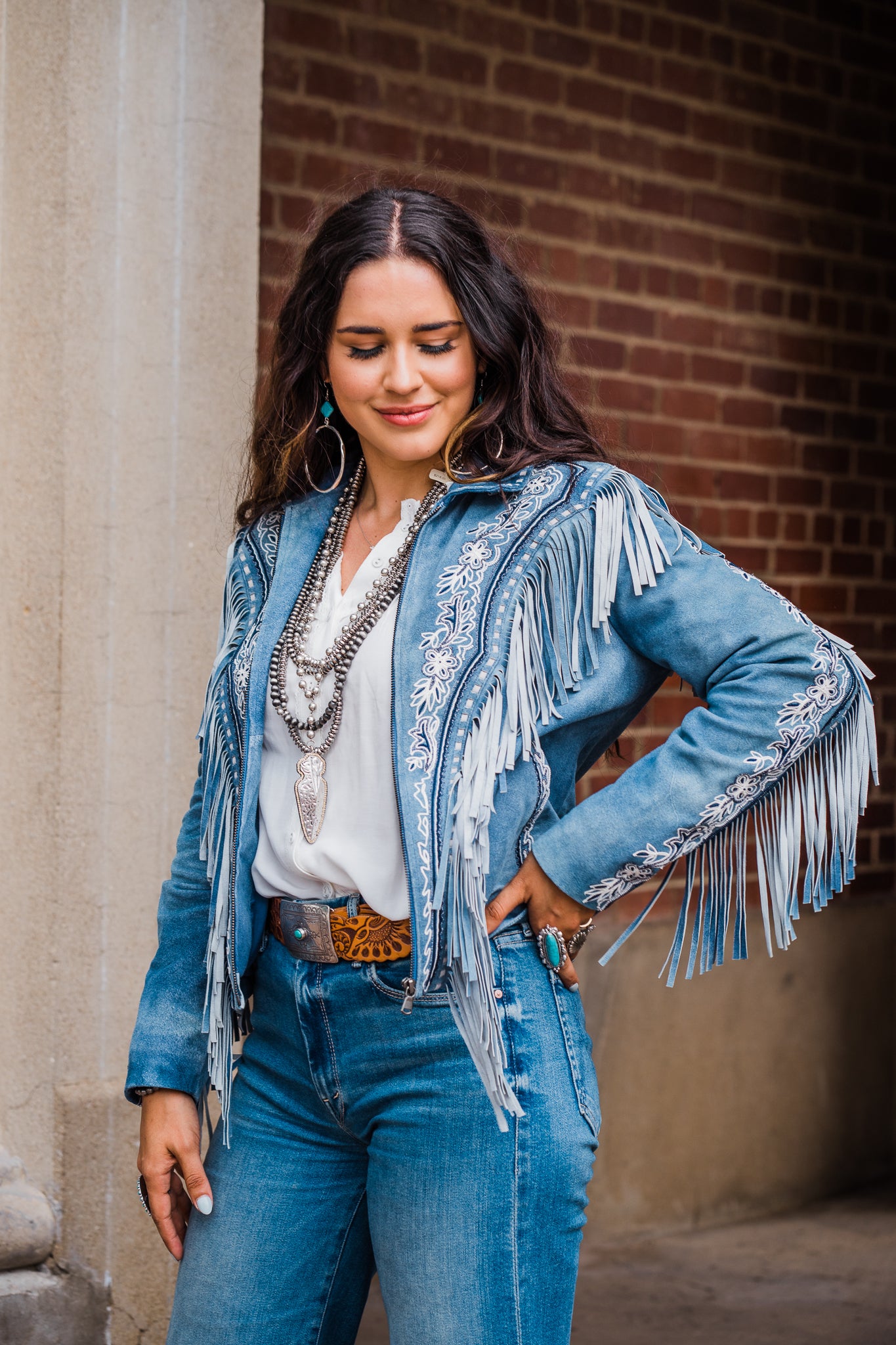 Jacket, Beaded Denim Blue Leather with Embroidery & Fringe