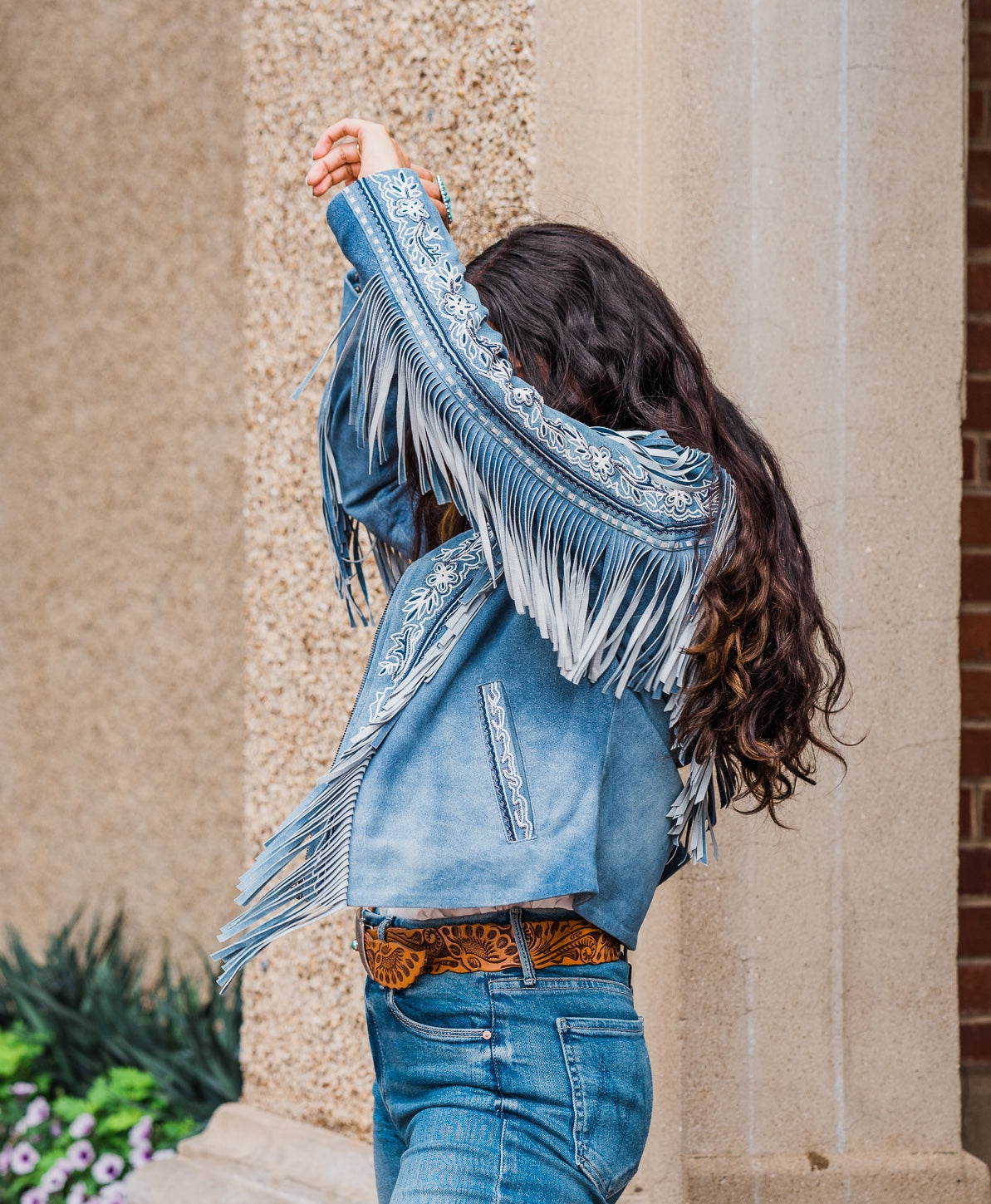 Jacket, Beaded Denim Blue Leather with Embroidery & Fringe