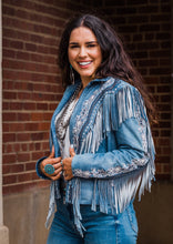 Jacket, Beaded Denim Blue Leather with Embroidery & Fringe - Style L1120