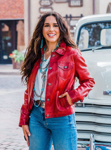 Jacket, Leather Jean Jacket with Pockets, Red or Cognac - Style L1031