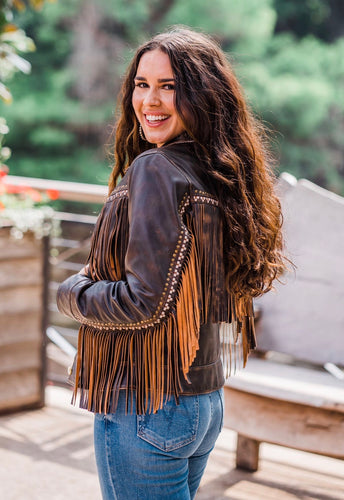 Jacket, Leather Button Up Embroidered with Fringe - Style L1114