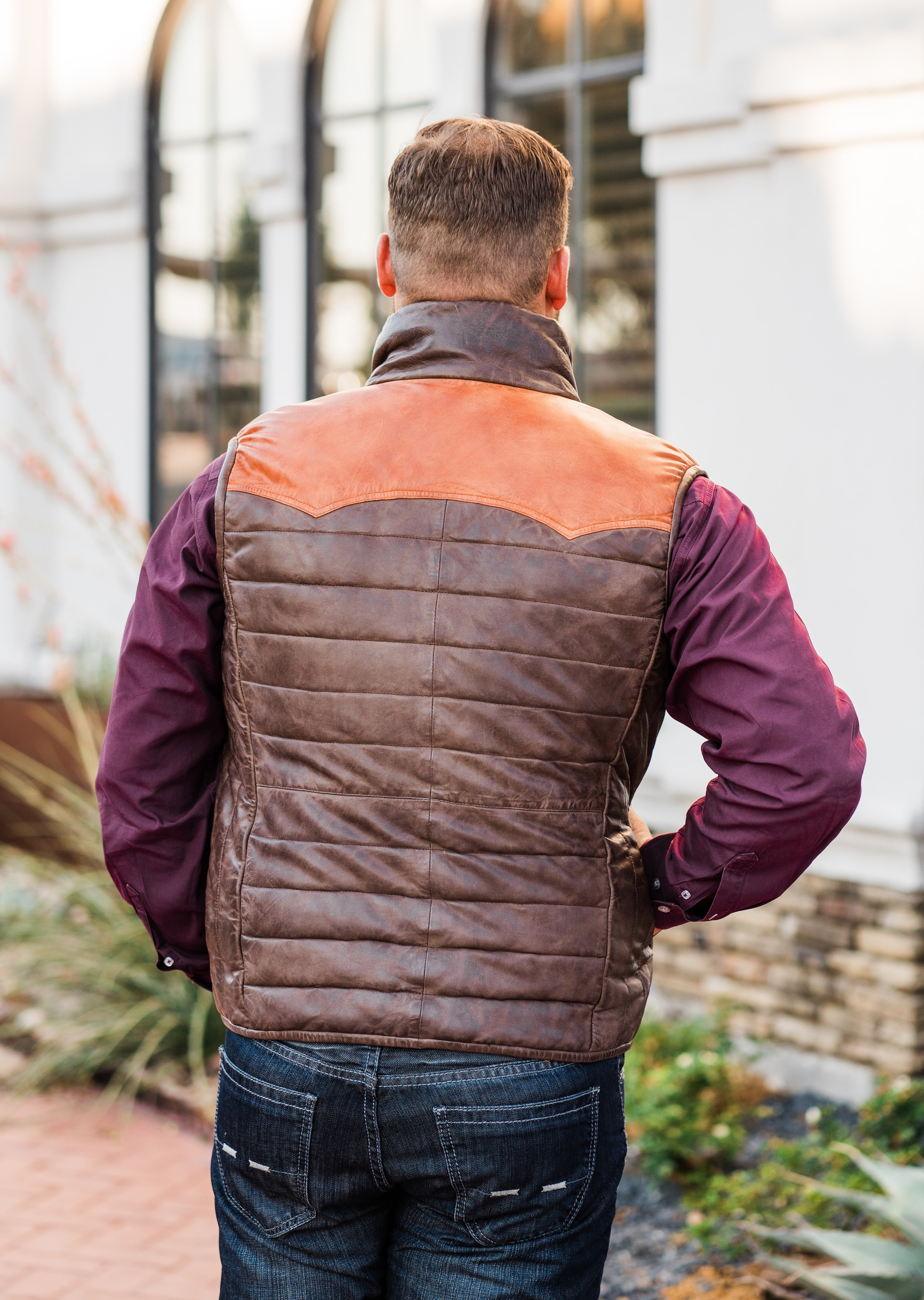 Men_s Insulated Leather Vest-Zip Front with Western Yolk