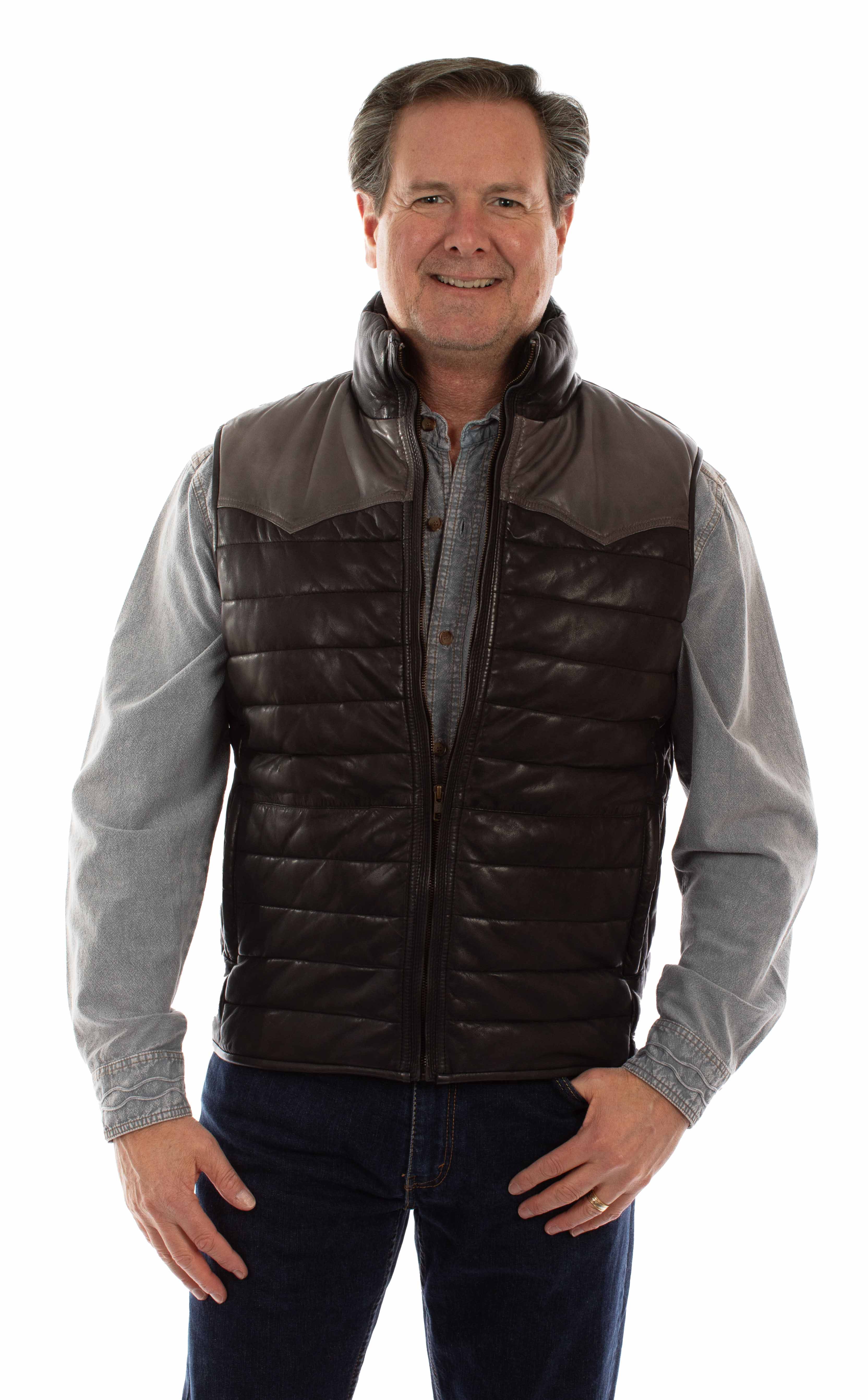 Men_s Insulated Leather Vest-Zip Front with Western Yolk