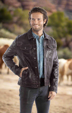 Man wearing  a western cut leather jacket