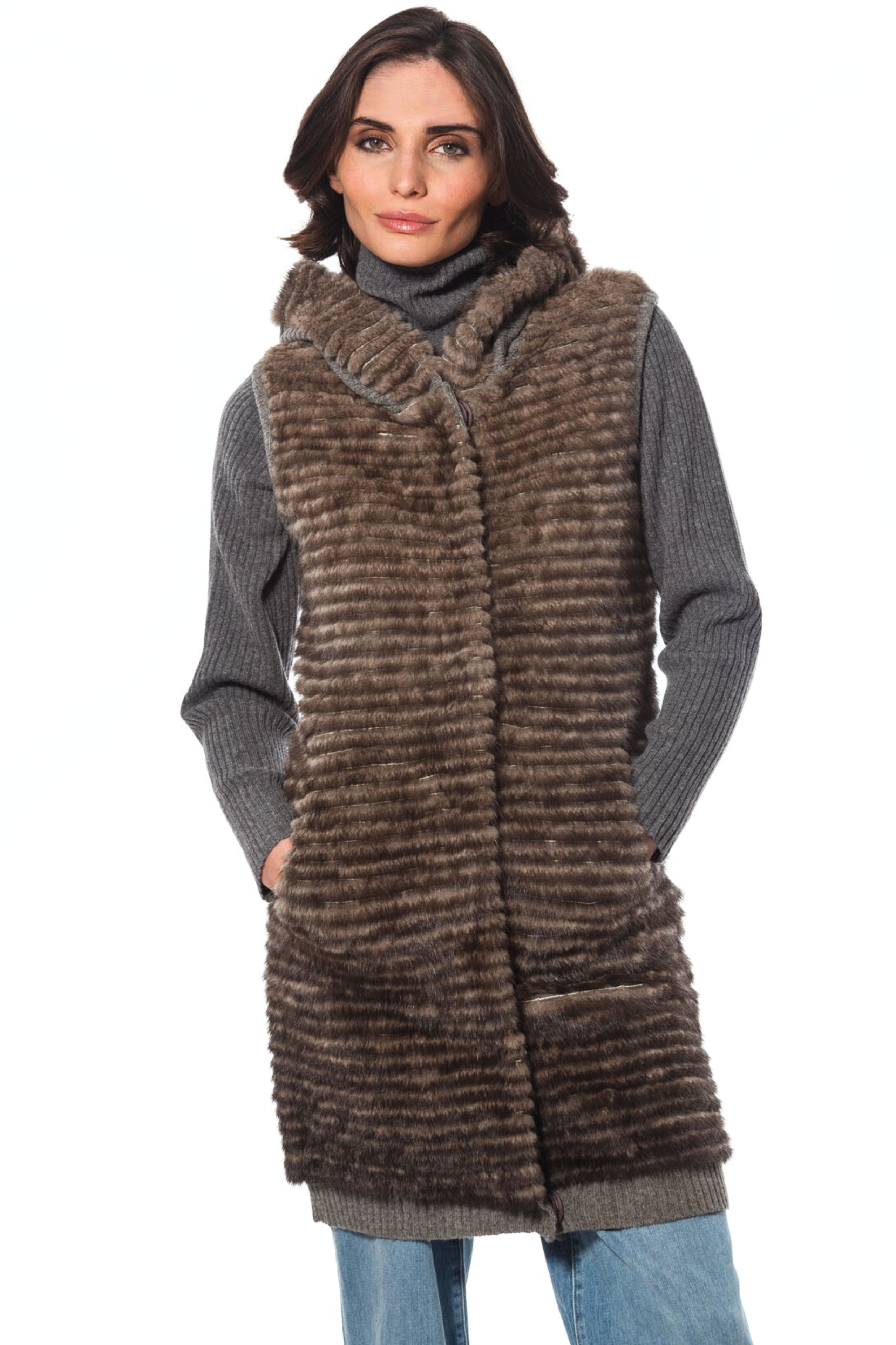 Linda Richards 36" Long, Banded Mink Vest with Hood