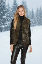 Woman wearing a Persian Shearling Vest by Linda Richards