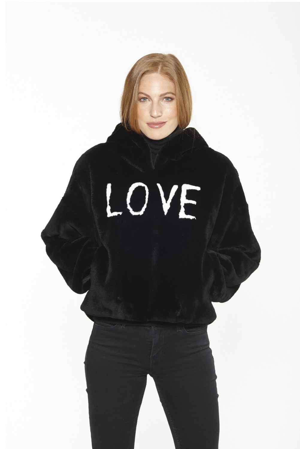Linda Richards Rex Rabbit Fur “Love” Pullover with Hood