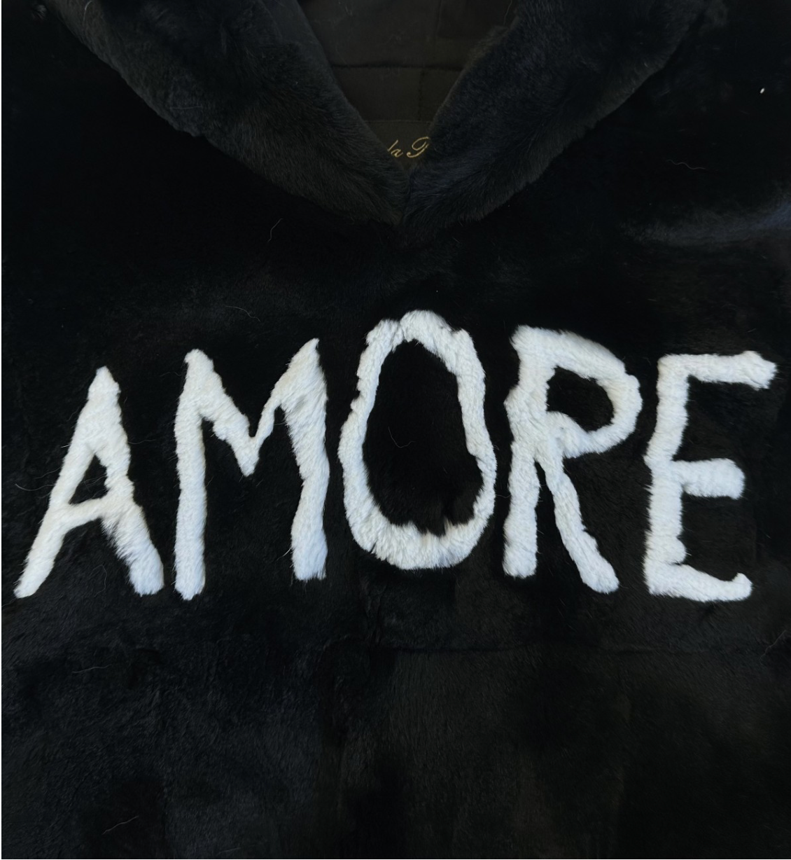 Linda Richards Rex Rabbit Fur “Love” Pullover with Hood