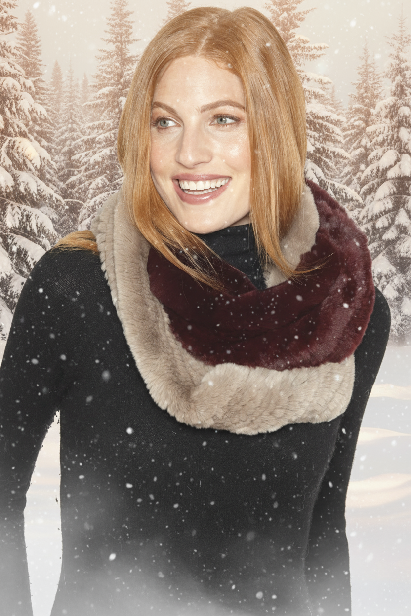 Woman wearing a two-tone scarf with beige and burgundy colors