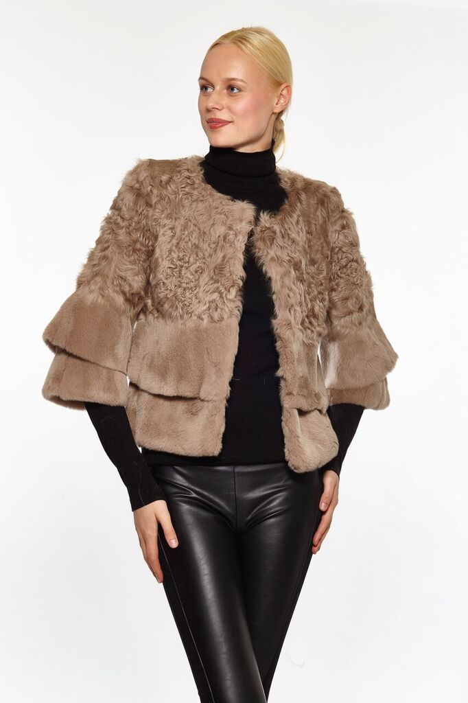 Linda Richards Genuine Rex Rabbit Fur and Lamb Bracelet Sleeve Jacket