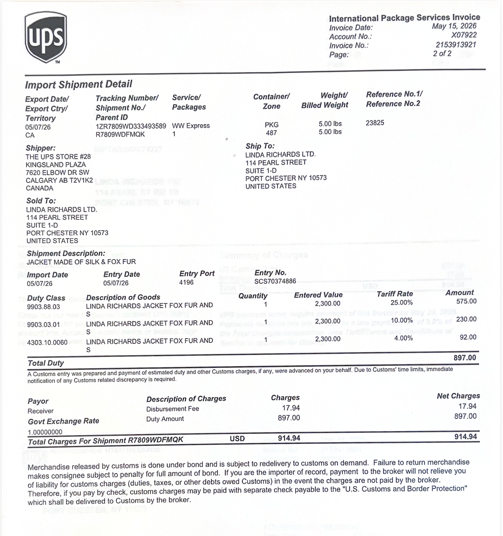 UPS Duty Charges