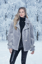 Woman wearing Shearling Sheepskin Moto Style jacket by Linda Richards