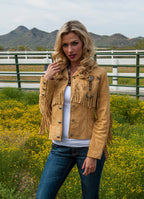 Woman Wearing Suede Leather Jacket with Conchos