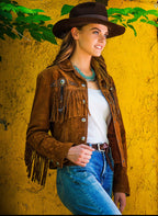 Woman Wearing Suede Jacket with Conchos