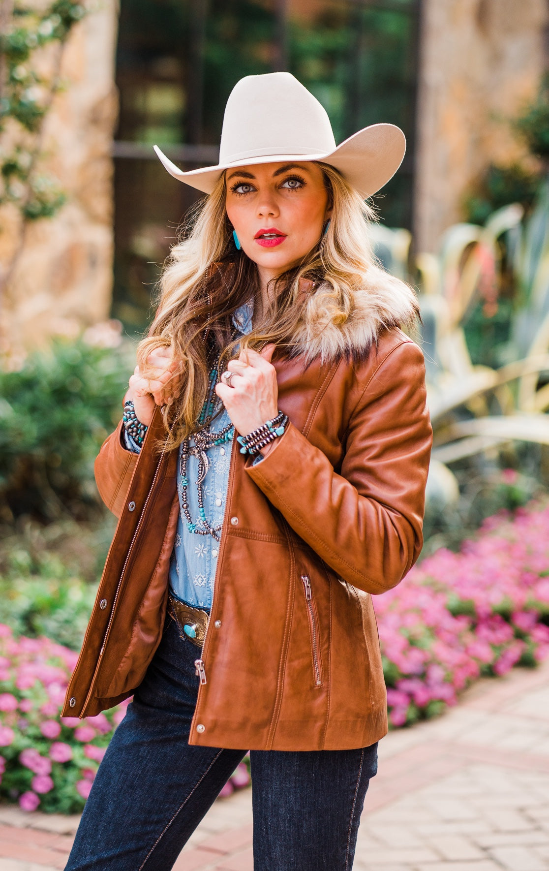 Women_s Brown Leather Jacket with Hood and Faux Fur Trim L1112-1