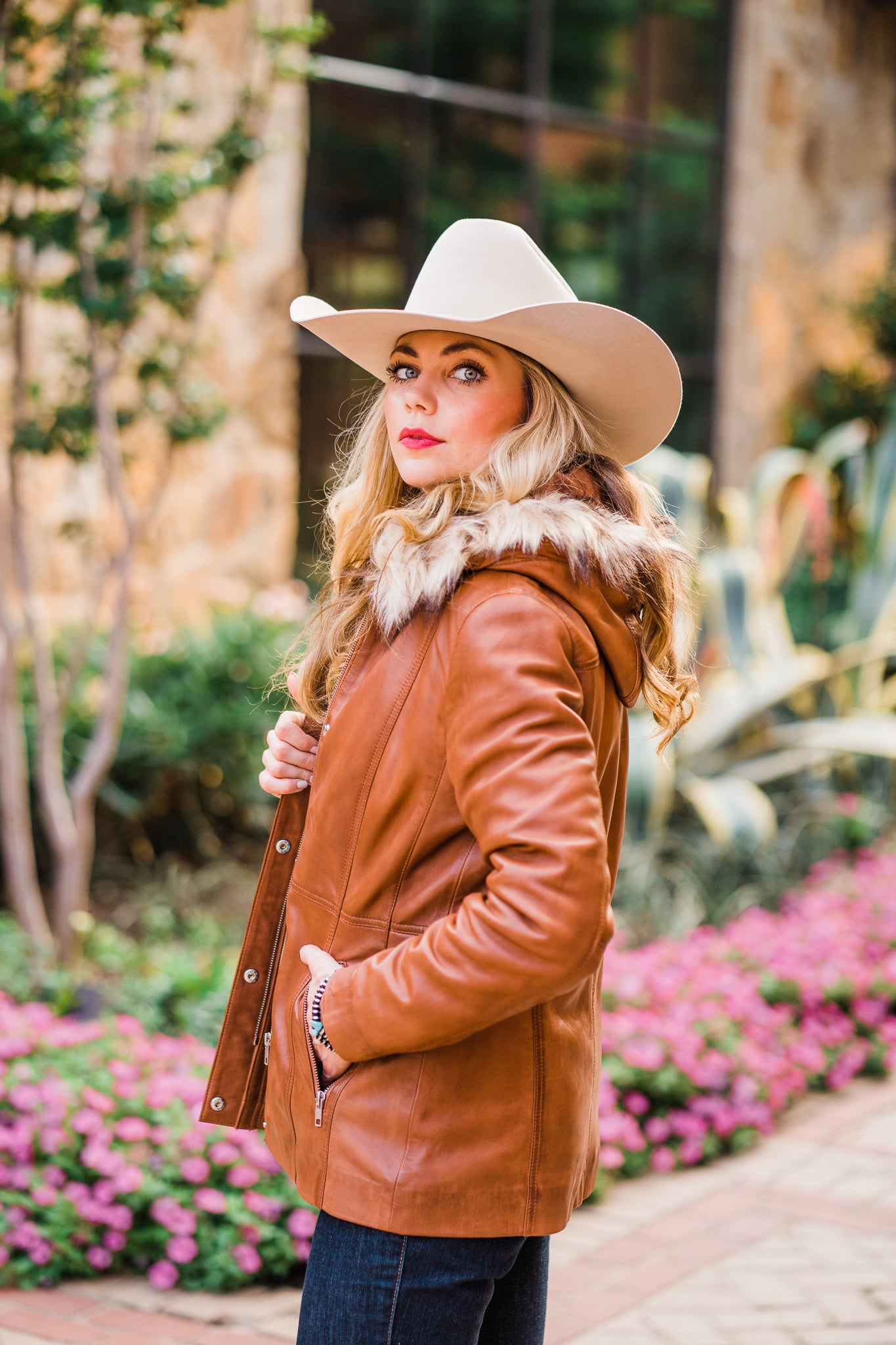 Women_s Brown Leather Jacket with Hood and Faux Fur Trim L1112