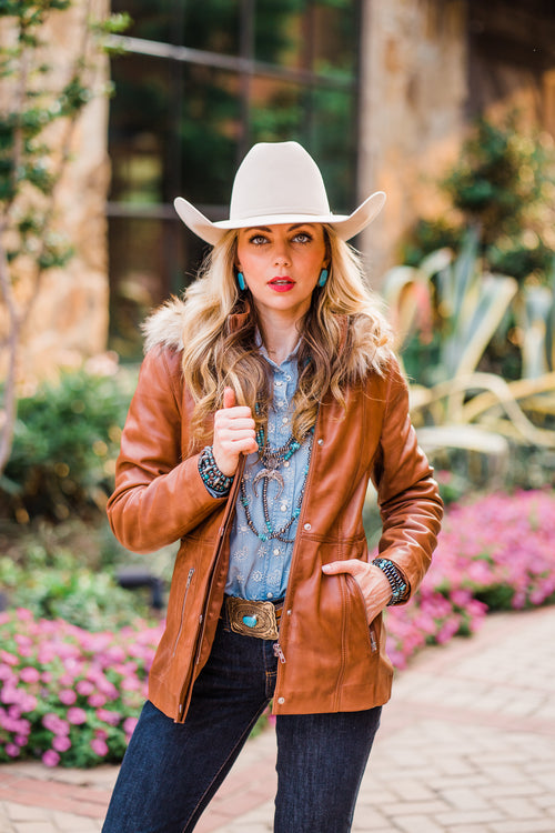 Women_s Brown Leather Jacket with Hoodand Faux Fur Trim L1112