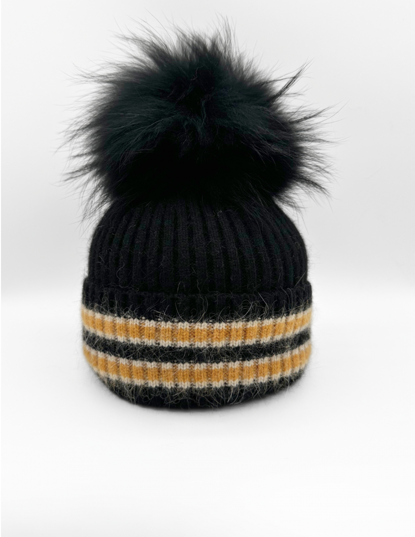 Linda Richards Angora Wool Blend Knit Hat with Fur Pom