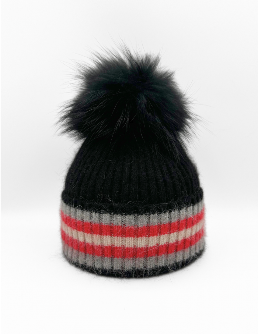 Linda Richards Angora Wool Blend Knit Hat with Fur Pom