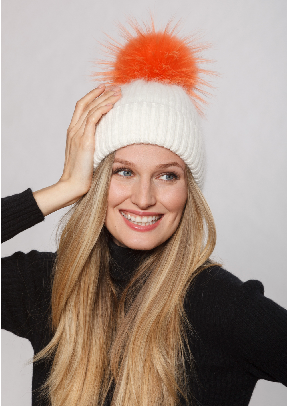 Linda Richards Angora Wool Blend Knit Hat with Fur Pom